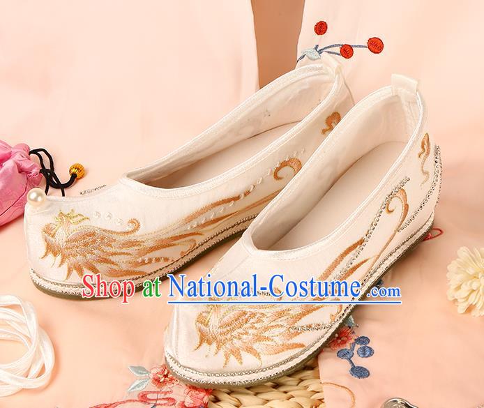 Handmade Ming Dynasty Embroidered Phoenix Shoes Chinese Ancient Princess Shoes Traditional Hanfu White Satin Shoes