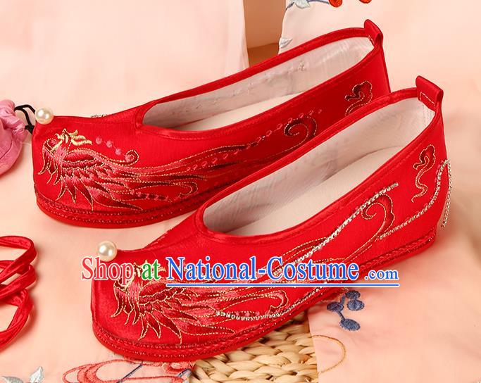 Handmade Chinese Traditional Hanfu Wedding Shoes Ming Dynasty Embroidered Phoenix Shoes Ancient Bride Red Shoes