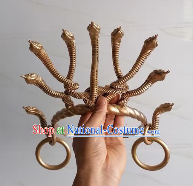 Chinese Ancient Drama Nine Heads Snake Monster Hair Clasp Handmade Golden Hair Crown