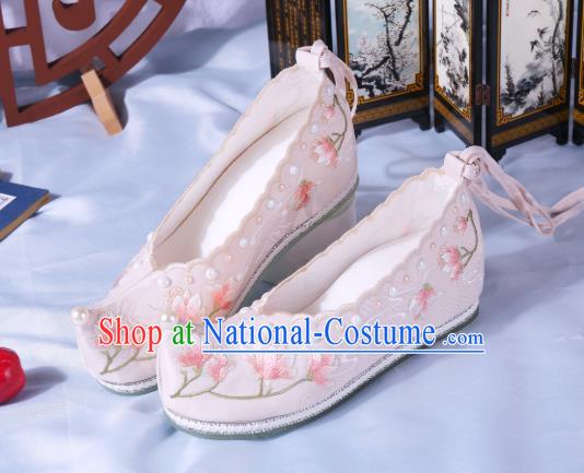 China Ancient Beige Cloth Shoes Traditional Hanfu Pearls Shoes Ming Dynasty Princess Bow Shoes Embroidered Mangnolia Shoes