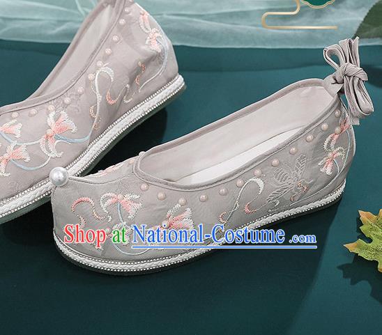 China Ming Dynasty Princess Bow Shoes Embroidered Mangnolia Shoes Ancient Grey Cloth Shoes Traditional Hanfu Pearls Shoes