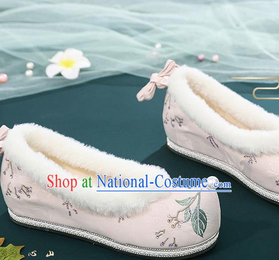 China Embroidered Pink Cloth Shoes Traditional Winter Hanfu Shoes Ancient Ming Dynasty Princess Bow Shoes