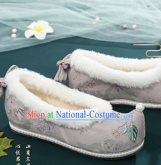 China Ancient Ming Dynasty Princess Bow Shoes Embroidered Grey Cloth Shoes Traditional Winter Hanfu Shoes