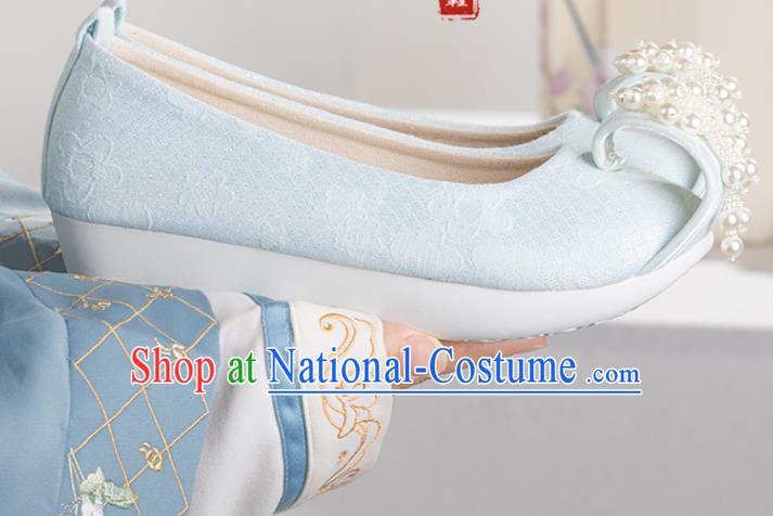 China Ancient Princess Pearls Toe Shoes Hanfu Shoes Traditional Tang Dynasty Blue Cloth Shoes