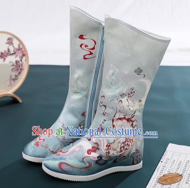 Chinese Traditional Hanfu Footwear Embroidery Shoes Ancient Swordswoman Blue Boots