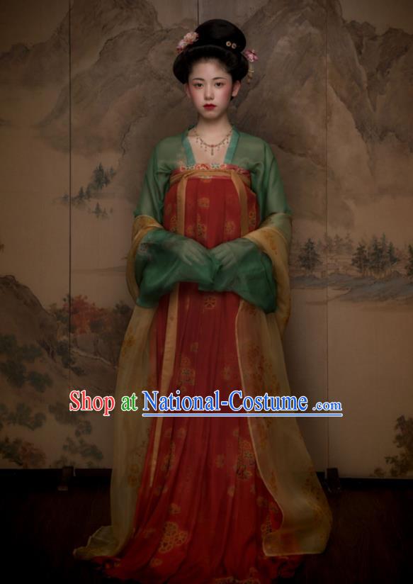 China Ancient Court Woman Red Hanfu Dress Traditional Tang Dynasty Princess Historical Garment Costumes and Handmade Headpieces