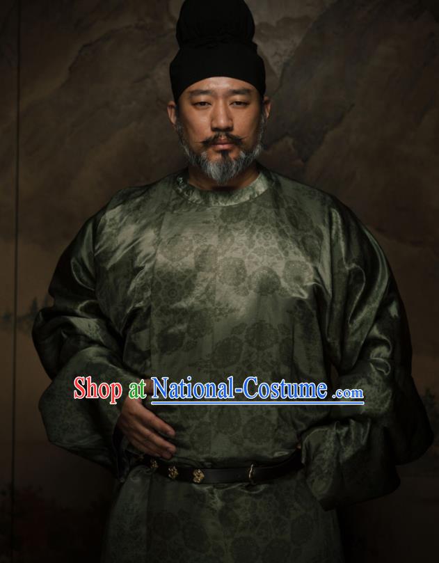 China Ancient Elderly Ministry Councillor Green Round Collar Robe Traditional Tang Dynasty Historical Garment Costume and Hat