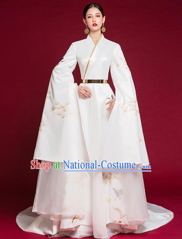 China Stage Show Water Sleeve Full Dress Catwalks Fashion Clothing Compere Embroidered White Dress Garment