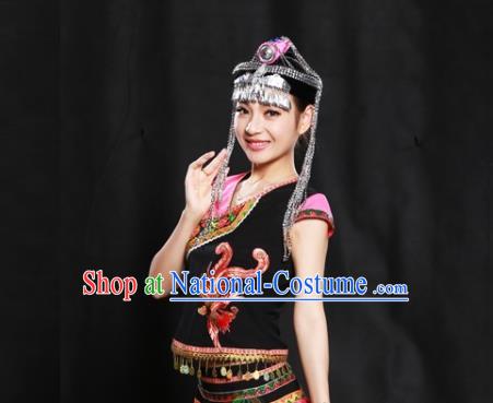 Chinese Traditional She Nationality Suits Guangxi Minority Short Dress Ethnic Folk Dance Garment Clothing and Hair Accessories