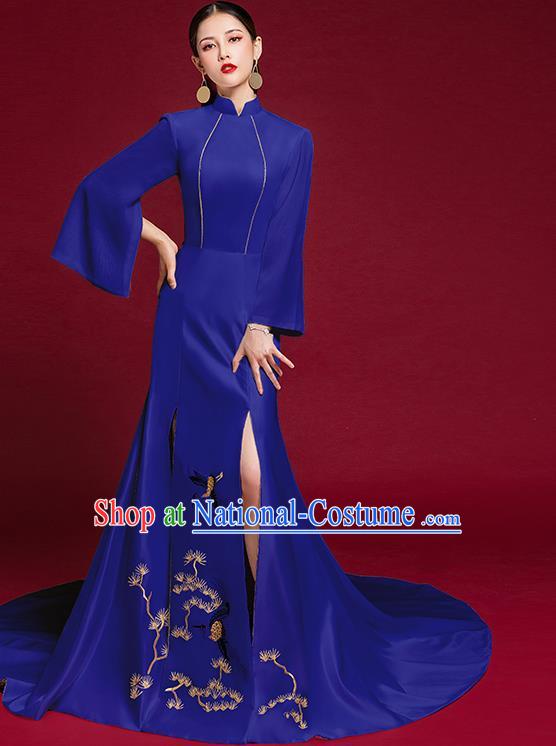 China Stage Show Embroidered Cheongsam Clothing Catwalks Trailing Full Dress Garment Compere Royalblue Qipao Dress