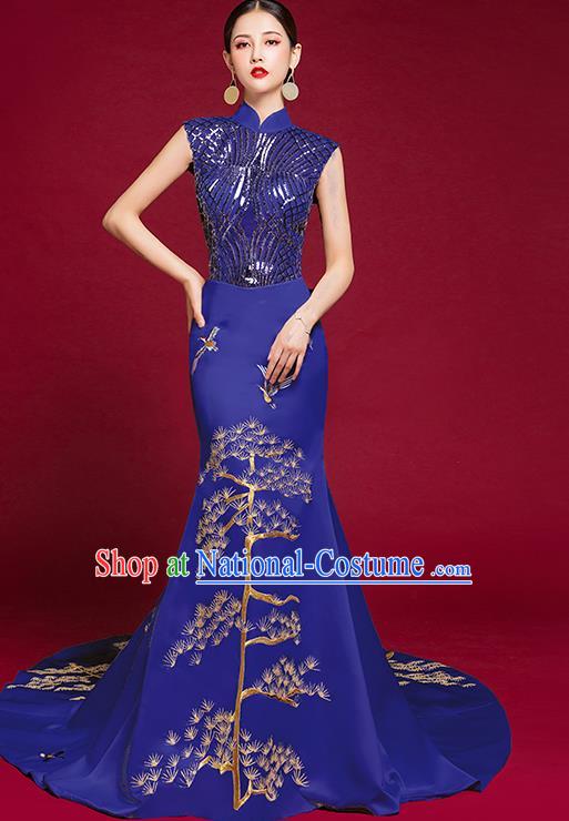 China Compere Royalblue Qipao Dress Stage Show Embroidered Sequins Cheongsam Clothing Catwalks Trailing Full Dress Garment