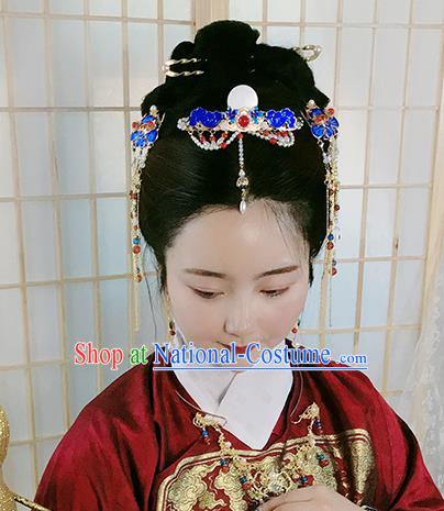 Chinese Ancient Noble Woman Blueing Hairpin Traditional Ming Dynasty Tassel Hair Crown Complete Set