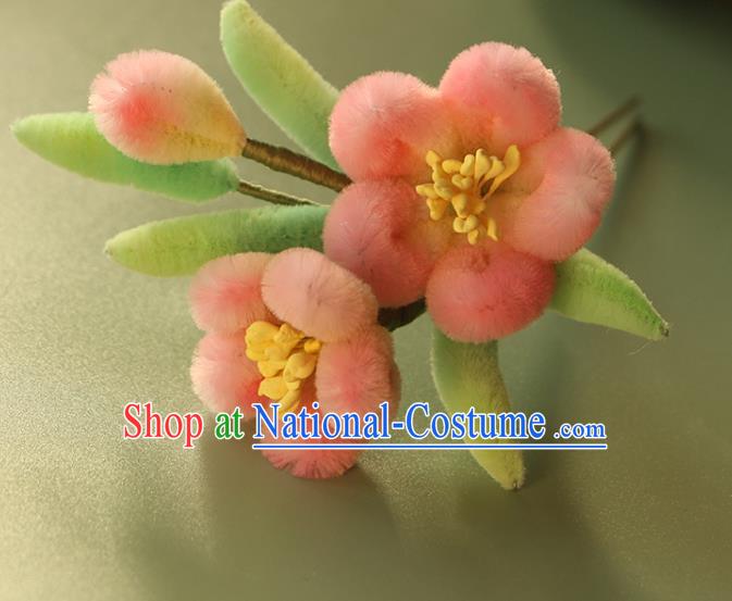 China Ancient Palace Lady Hair Stick Traditional Ming Dynasty Pink Velvet Peach Blossom Hairpin Hair Accessories