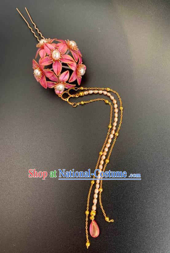 China Handmade Pearls Tassel Hairpin Traditional Hanfu Hair Accessories Ancient Tang Dynasty Princess Pink Silk Hydrangea Hair Stick