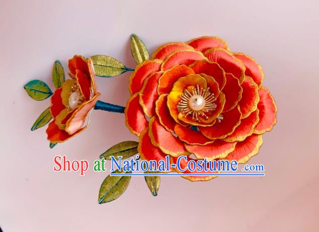 China Handmade Red Silk Peony Hairpin Traditional Hanfu Hair Accessories Ancient Tang Dynasty Court Beauty Hair Comb