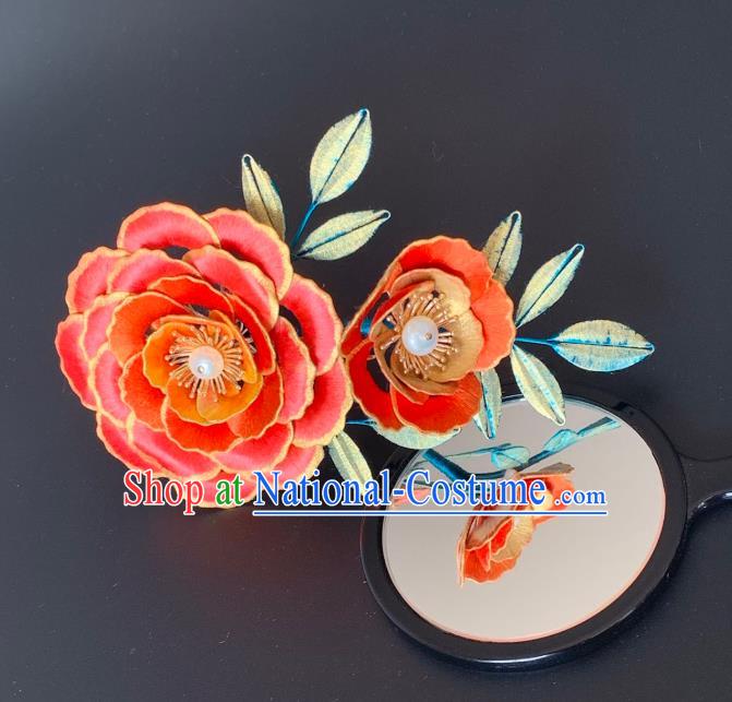 China Handmade Red Silk Peony Hairpin Traditional Hanfu Hair Accessories Ancient Tang Dynasty Court Beauty Hair Comb