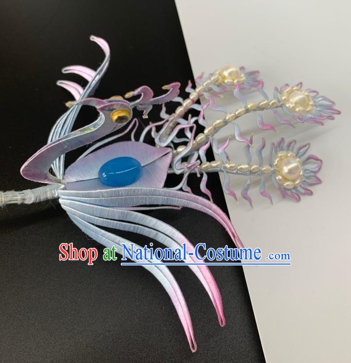 China Handmade Lilac Silk Phoenix Hairpin Traditional Hanfu Hair Accessories Ancient Ming Dynasty Princess Pearls Hair Crown