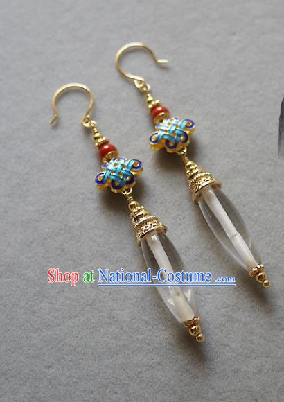 Chinese Ancient Court Woman Cloisonne Ear Accessories Traditional Cheongsam White Crystal Earrings