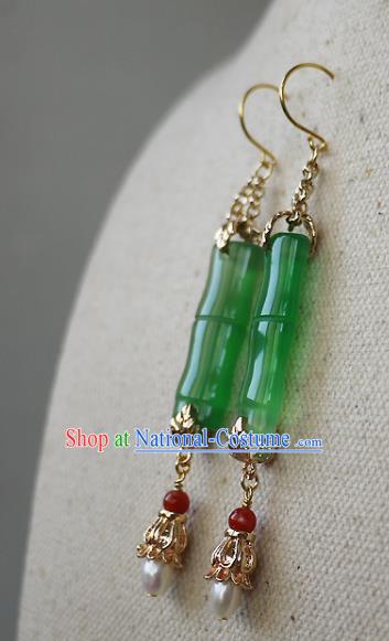 Chinese Ancient Palace Woman Ear Accessories Traditional Cheongsam Chrysoprase Bamboo Earrings