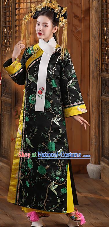 China Ancient Manchu Imperial Consort Black Dress Qing Dynasty Court Woman Garments Clothing and Headpieces Complete Set