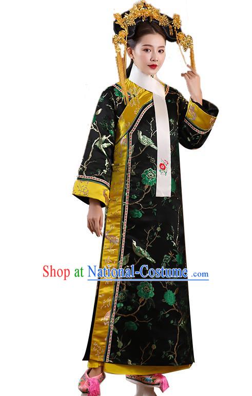 China Ancient Manchu Imperial Consort Black Dress Qing Dynasty Court Woman Garments Clothing and Headpieces Complete Set