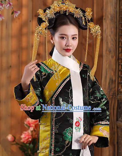 China Ancient Manchu Imperial Consort Black Dress Qing Dynasty Court Woman Garments Clothing and Headpieces Complete Set