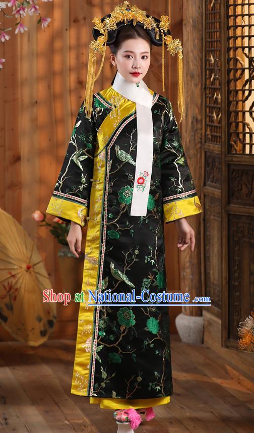 China Ancient Manchu Imperial Consort Black Dress Qing Dynasty Court Woman Garments Clothing and Headpieces Complete Set