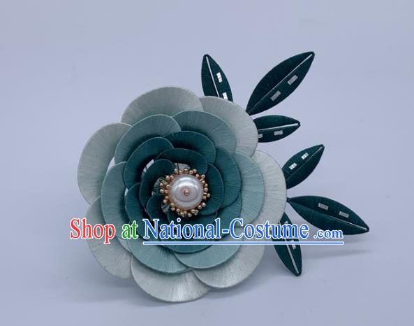 China Handmade Green Silk Camellia Hairpin Traditional Tang Dynasty Hanfu Hair Accessories Ancient Palace Lady Hair Stick