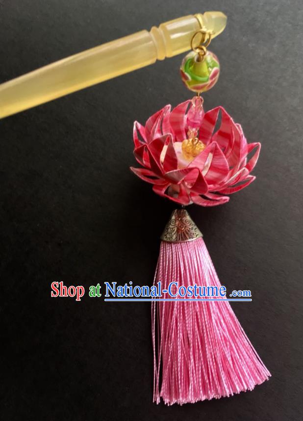 China Handmade Pink Silk Lotus Hairpin Traditional Hanfu Headpiece Ancient Tang Dynasty Court Beauty Tassel Hair Stick