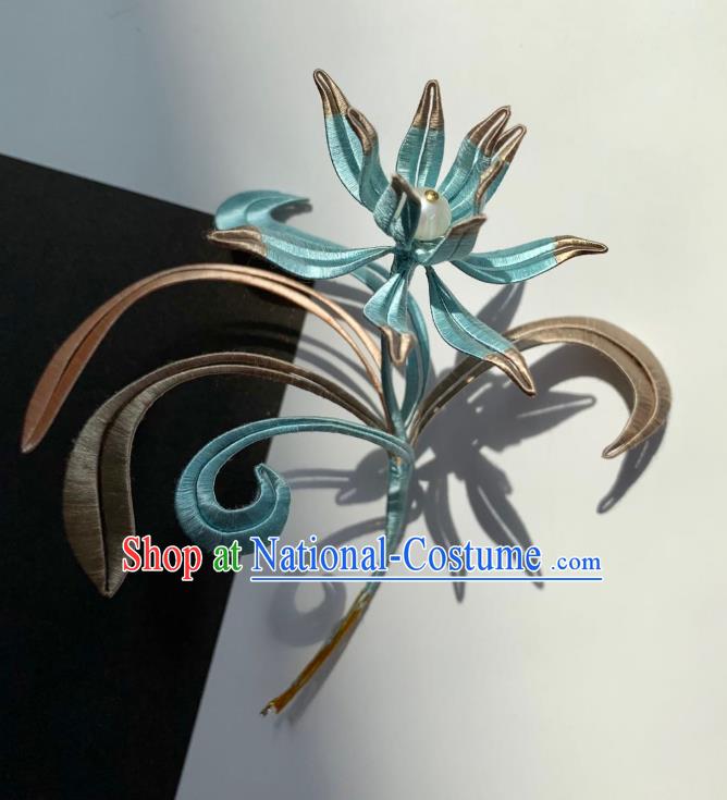 China Handmade Blue Silk Orchids Hairpin Traditional Hanfu Hair Accessories Ancient Song Dynasty Patrician Lady Hair Clip