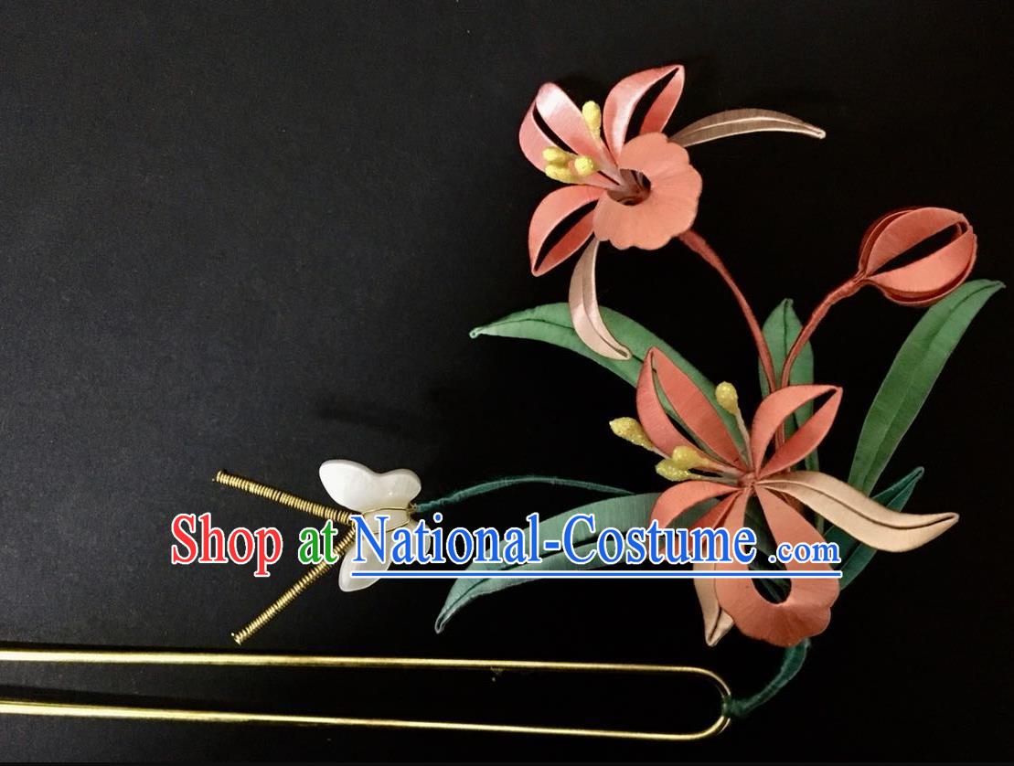 China Handmade Silk Orchids Hairpin Traditional Hanfu Hair Accessories Ancient Princess Shell Butterfly Hair Stick