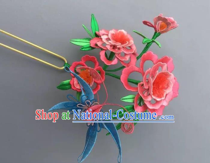 China Handmade Pink Silk Peony Butterfly Hairpin Traditional Qing Dynasty Hair Accessories Ancient Manchu Princess Hair Clip