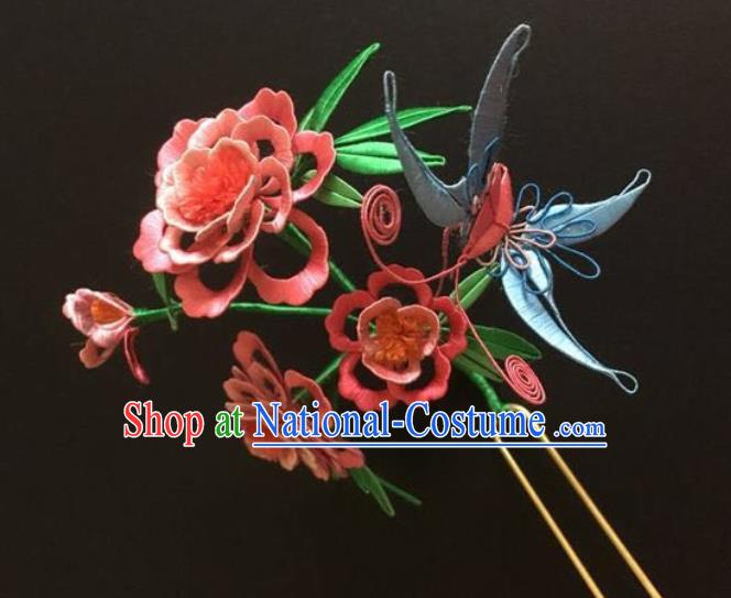 China Handmade Pink Silk Peony Butterfly Hairpin Traditional Qing Dynasty Hair Accessories Ancient Manchu Princess Hair Clip