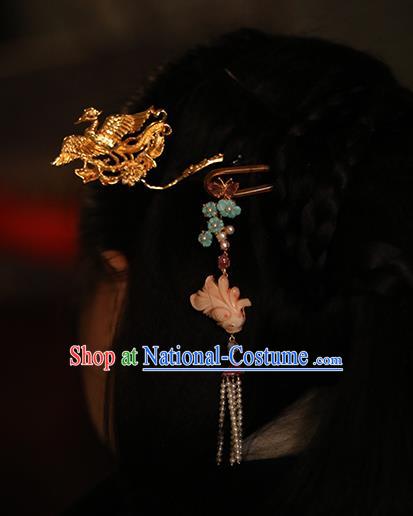 China Handmade Pearls Tassel Hairpin Traditional Ming Dynasty Court Headpiece Ancient Empress Golden Phoenix Hair Stick