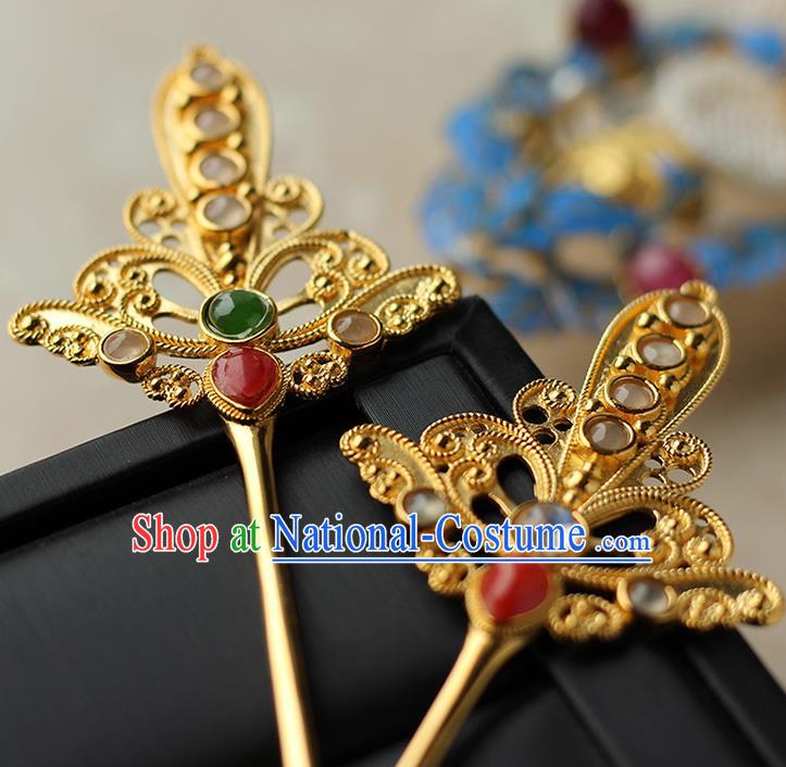 China Handmade Gems Golden Hairpin Traditional Ming Dynasty Hair Accessories Ancient Empress Hair Clip