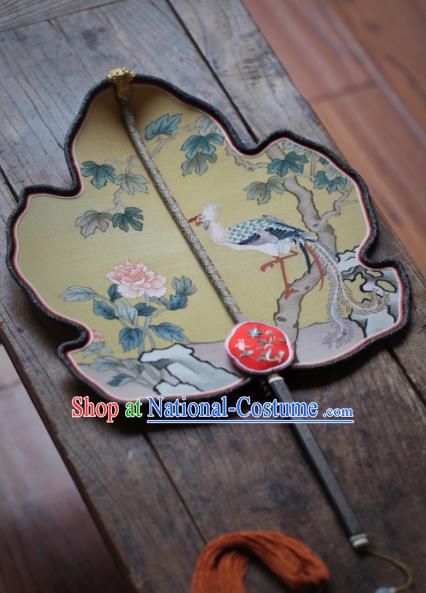 Chinese Traditional Palace Fan Ancient Qing Dynasty Imperial Concubine Fans Handmade Kesi Phoenix Peony Painting Pattern Yellow Silk Fan