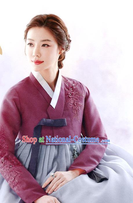 Asian Korea Hanbok Clothing Mother Wine Red Blouse and Blue Dress Korean Traditional Garments Fashion