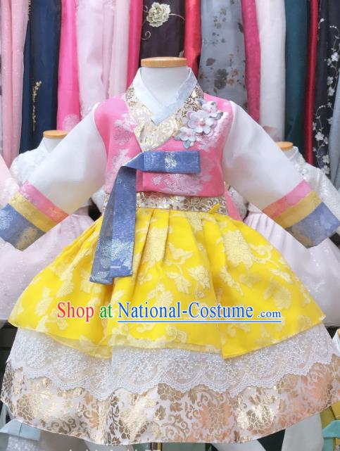 Asian Korea Children Garments Fashion Traditional Festival Hanbok Clothing Korean Girl Pink Blouse and Yellow Dress