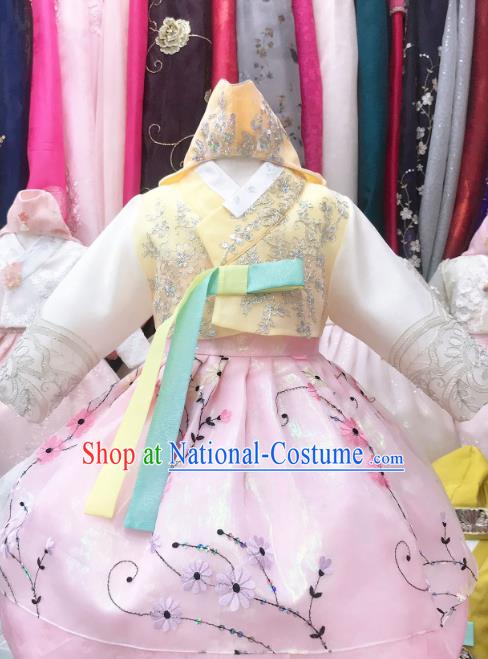 Asian Korea Traditional Birthday Hanbok Clothing Korean Girl Yellow Blouse and Pink Dress Children Princess Garments Fashion