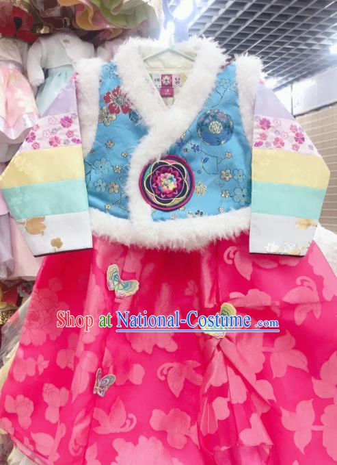 Korea Children Blue Vest Blouse and Rosy Dress Traditional New Year Garments Fashion Asian Korean Hanbok Clothing