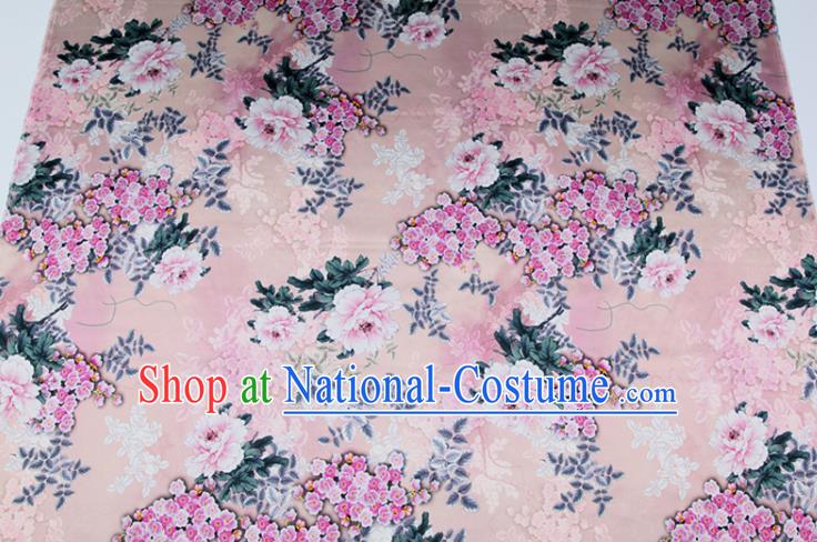 China Pink Satin Drapery Traditional Cheongsam Silk Fabric Classical Printing Peony Cloth