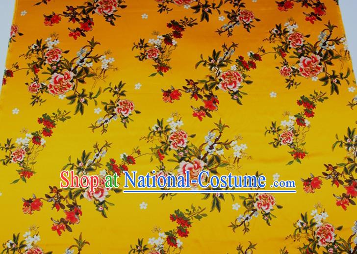 China Classical Printing Peony Cloth Yellow Satin Drapery Traditional Cheongsam Silk Fabric