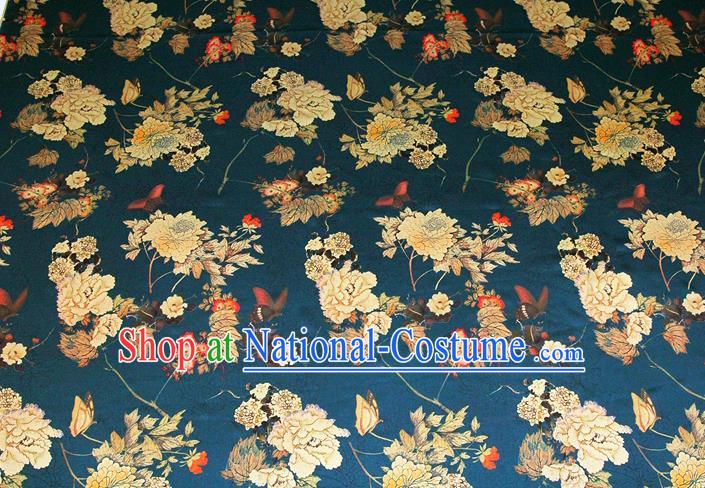 China Traditional Brocade Silk Fabric Classical Cheongsam Printing Peony Peacock Blue Satin Drapery