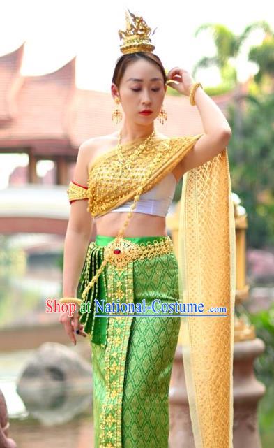 Asian Thai Female Folk Dance Embroidery Beads Uniforms Clothing Thailand Princess Green Dress