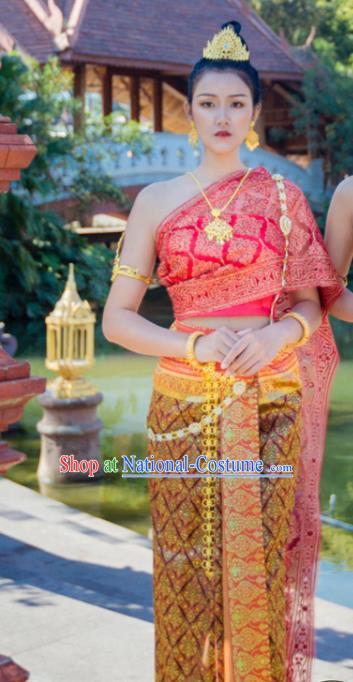 Asian Thai Female Stage Performance Uniforms Clothing Traditional Thailand Court Golden Dress