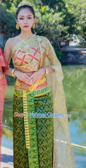 Traditional Thailand Court Green Dress Uniforms Asian Thai Female Stage Performance Clothing