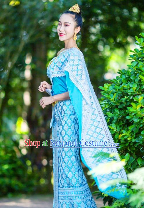 Asian Thai Stage Performance Dance Clothing Traditional Thailand Court Princess Blue Dress Uniforms