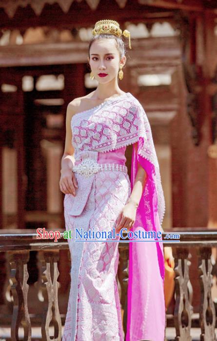 Asian Thai Folk Dance Clothing Traditional Thailand Court Princess Rosy Dress Uniforms