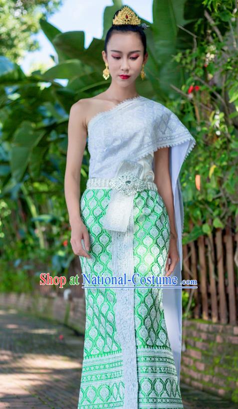 Traditional Thailand Court Princess White Blouse and Green Skirt Uniforms Asian Thai Folk Dance Dress Clothing