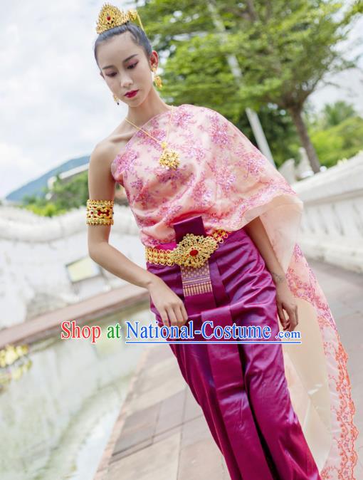 Asian Thai Folk Dance Dress Clothing Traditional Thailand Court Princess Blouse and Purple Skirt Uniforms